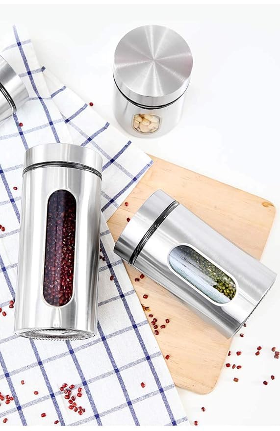 Image of Steel Glass Food Storage Airtight Tea Coffee Sugar Containers 850Ml,550Ml,350Ml For Kitchen Storage Container With Lid For Tea Coffee & Sugar,Dry Fruit Jars,Storage Box,Set Of 3 (3,Mt-4),Silver