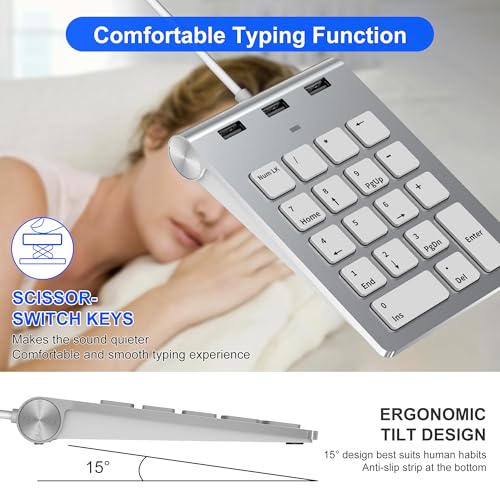 Ziffernblock mit USB A/C, Numpad Wired Nummernblock mit 3 USB 2.0 Ports, 18-Tasten, 15° Ergonomischer Tastatur Numerischer Tastenblock für Laptop, Tablet, Notebook, PC, Desktop und mehr, Aluminium