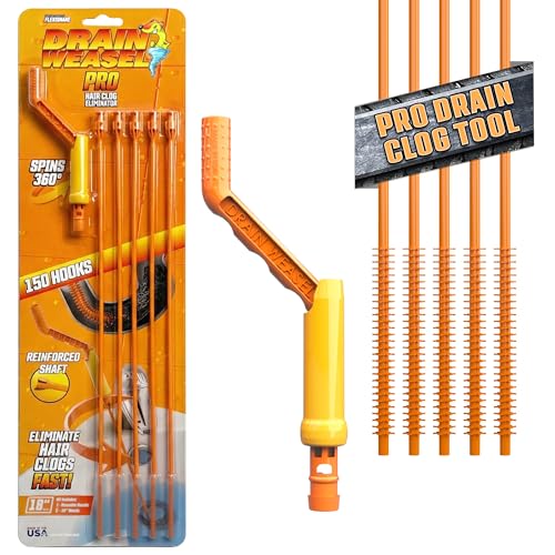 FlexiSnake Pro Drain Weasel Sink Snake Cleaner with New Molded Tip - 18″ - Drain Snake Clog Remover Tool with Rotating Handle & 5 Wand Refills - Easy to Use on Drains & Grates - Made in USA - 5-Pack