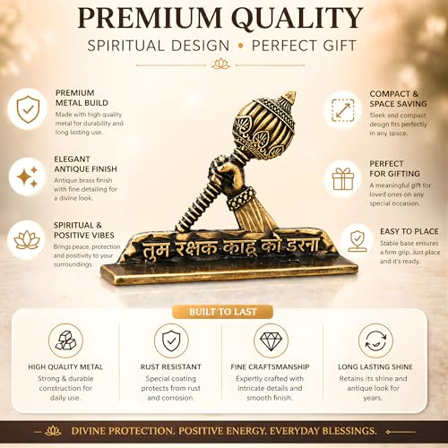 Image of Hanuman Gada Idol for Car Dashboard (Height - 5.5cm)| Bajrangbali /Anjaneya with inchTum Rakshak Kahu Ko Darna inch Quote | Gold Plated Vastu Protection Showpiece & Spiritual Gift (Antique Brass)