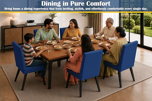 Image of Rosebell 6 Seater Dining Table Set with Cushioned Chairs | Modern Dining Table for Home, Dining Room & Kitchen | Black Metal Legs | Blue