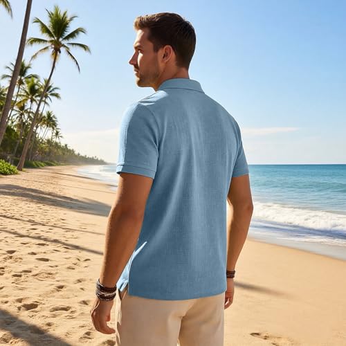 Polo casual de hombre manga corta con cuello clásico de mezcla algodón-lino, fresco y transpirable para verano miniatura 4