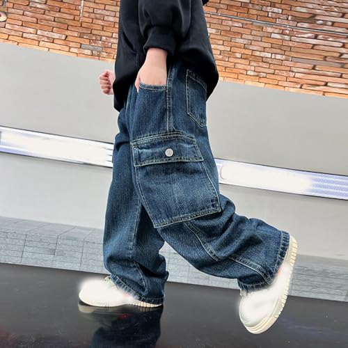 Teen Boys Baggy Cargo Jeans Y2k Wide Leg Elastic Waisted Fashion Denim Pants Comfortable Trousers with Pockets4