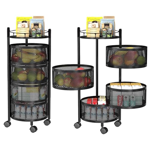 Image of Kuber Industries Storage Rack | 4-Layer Round Multipurpose Storage Trolley with Wheels | Rotating Vegetable Kitchen Rack | Kitchen Cabinet Spice Rack | Metal Fruit Storage Rack | Black