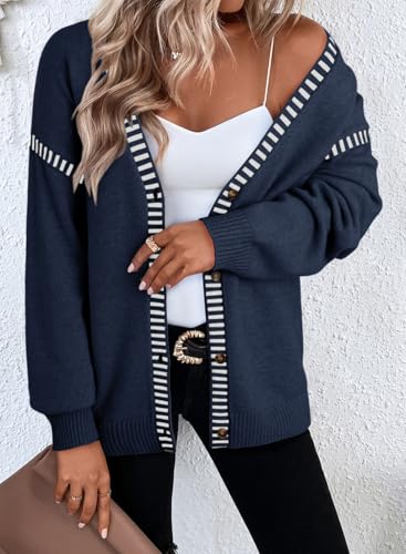 Dokotoo Womens Oversized Cardigan Sweaters Casual Coats Long Sleeve Button Front Stripes Trim Fall Outfits4