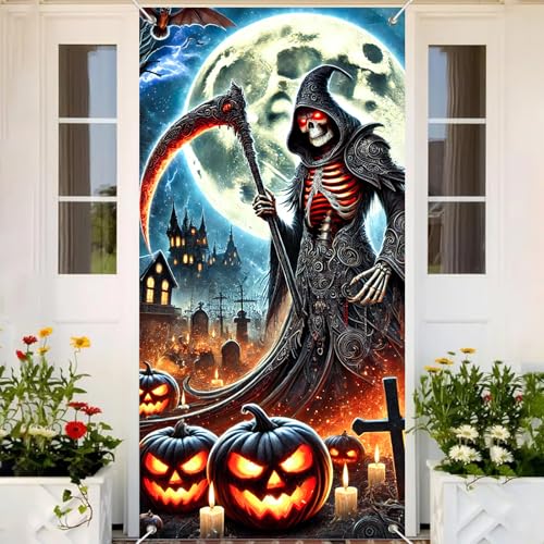 Image of BlissYard Halloween Door Cover Bats Grim Reaper 35x71 Inch Polyester | Door Banner, Wall Decor | Grim Reaper Entry Accent, Jack Lantern Backdrop | Porch, Hallway, Party (Gothic Art)