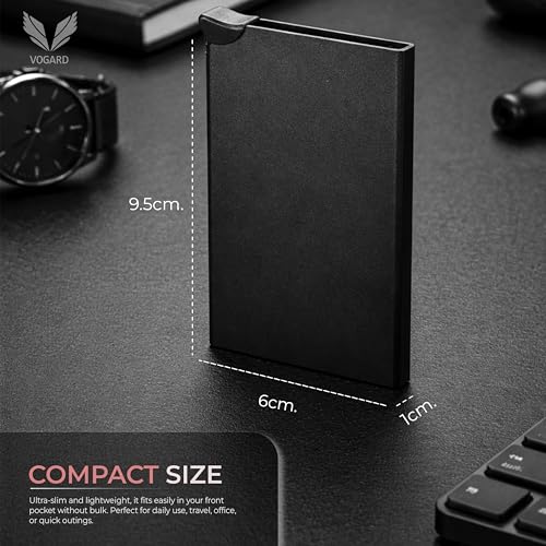 Image of VOGARD Slim RFID Card Wallet for Men & Women - Metal Minimalist Card Holder with Quick Access Button | Holds 5-6 Cards | Front Pocket Compact RFID Blocking Wallet (Black)