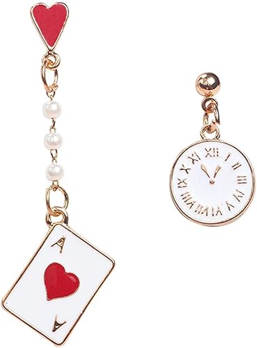 MALOYANVE Aretes colgantes de póquer con reloj asimétrico, cartas creativas, corazones rojos, un largo pentagrama, despertador, aretes colgantes