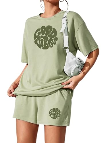 KSHS Women’s Pista Green Cotton Printed Night Suit Set of Top & Shorts