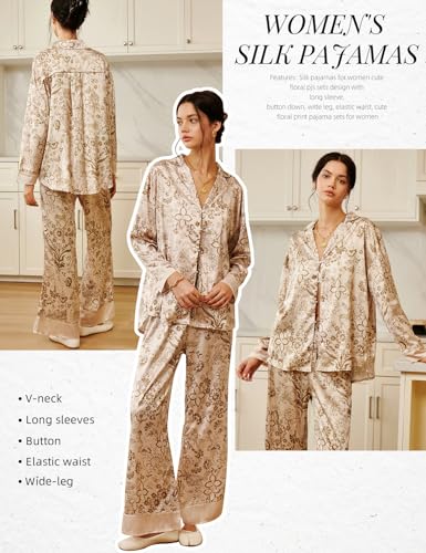 Image of Arssm Satin Pajama Set for Women Silk Pajamas Set 2 Piece Floral Pj Set Long Sleeve Button Down Pjs Sleepwear