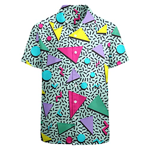 HUGLAZY Camisa hawaiana vintage de los años 80 90 con frutas tropicales para hombre, camisa con botones de animales, camisa para papá, camisa corta suelta, Azul / Patchwork, Small