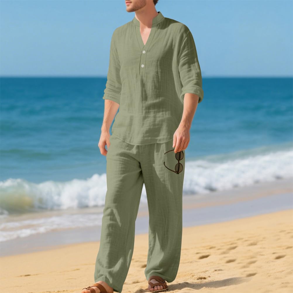 Hombre 2 Piezas de Algodón y Lino Mangas Larga Camisa Moda Camiseta + Pantalones de Playa Deportivos Pantalón Completo Casual Traje Conjuntos Primavera Verano