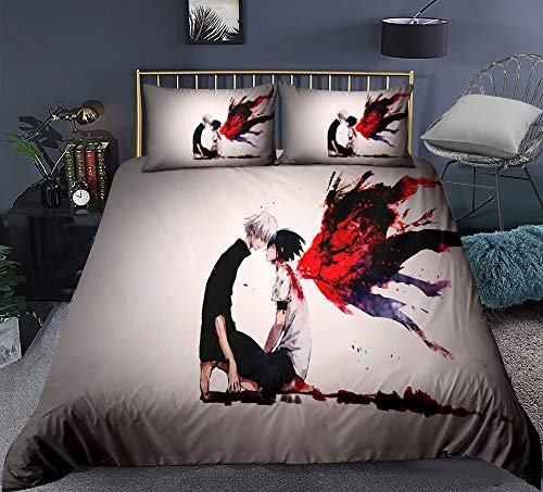 Fvfvfv Kaneki Kenï¼šTokyo Ghoul Japanese Popular Anime Printing 3Pcs Bed Set for Teen Kid's Children Adult Gift,Full Set Soft Bedding Accessories Sets for Kids Boys Teens (Size : US Twin(172218CM))