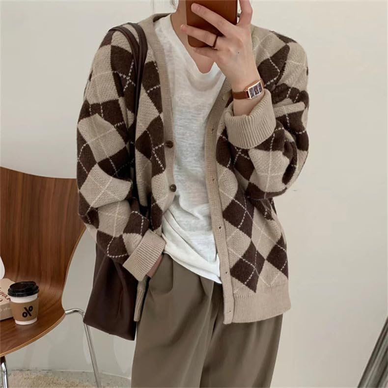 Women's Argyle Graphic Button Grandpa Sweater Vintage Y2k Aesthetic Fairy Grunge Clothes Plaid Preppy Cardigan3