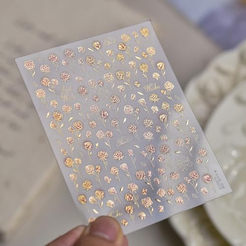 Image of Flower Nail Stickers Rose Nail Art Decals with Gold Design 5D Embossed Self Adhesive Nails Art Stickers Small Floral Nails Decals Charms Supply for Women Girls Manicure DIY Decoration