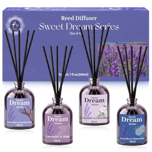 SCENTORINI Ambientador Lavanda, Set Ambientador con Varillas Aromáticas, 4 x 50 ml Aceite Aromático con 24 Varillas, Lavanda con Gardenia, Salvia, Manzanilla, Sándalo para Dormitorio, Spa, Yoga