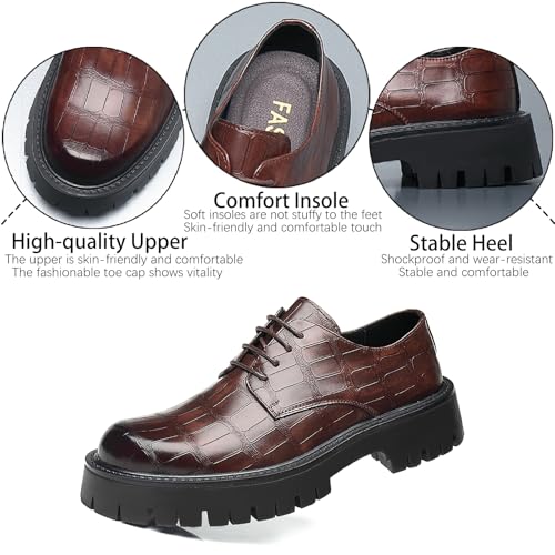 Image of Men's Printed Leather Platform Oxford Dress Shoes Classic Lace Up Anti-Slip Lug Sole Block Heel Formal Oxfords for Wedding Office Business