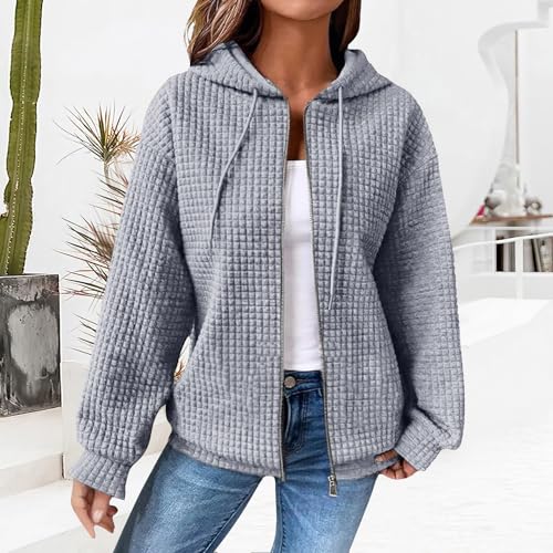 Women Zip Up Hoodie Oversized Waffle Fashion Casual Fall Winter Loose Drawstring Jacket Ladies Hooded Sweatshirt2