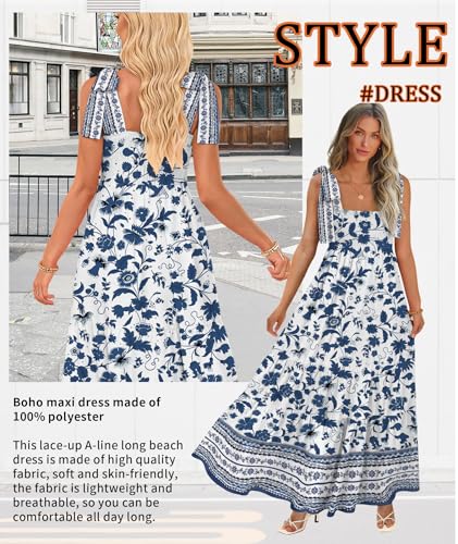 Image of CURBODO Women's Summer Maxi Dress Boho Spaghetti Straps Casual Long A-line Smocked Beach Dress Square Neck Flowy Sun Dress