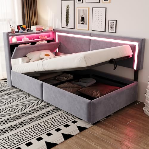 YAIXBNG Cama tapizada Sofá cama 90 x 200 cm con iluminación LED y puertos de carga USB. Cabecero Se abre para guardarlo. Sistema de almacenamiento hidráulico debajo de la cama, tela de terciopelo gris