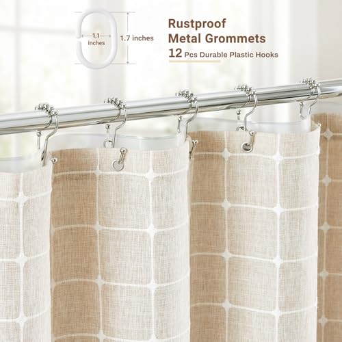 Image of BTTN 3 in 1 Shower Curtain with PEVA Liner, Cream Boho Linen Fabric Shower Curtain Set with Plastic Hook, Farmhouse Bohemian Country Cute Waterproof Cloth Shower Curtain for Bathroom, Beige, 72x72