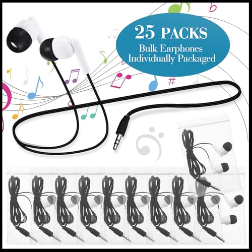 Image of Kanayu 25 Pack Wired Earbuds Bulk for Classroom, 3.5MM No Mic,Black White