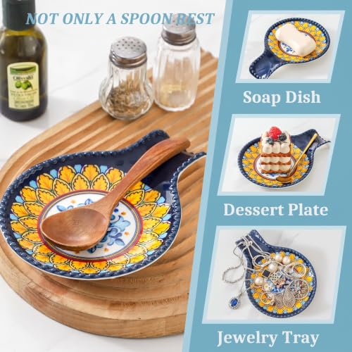 Image of Ceramic Spoon Rest for Stove Top, Bohemian Style 7.7 Inch Large Spoon Holder for Kitchen Counter, Heat-Resistant Cooking Utensil Rest for Spatula, Ladle and Tongs, Dishwasher Safe, Set of 2