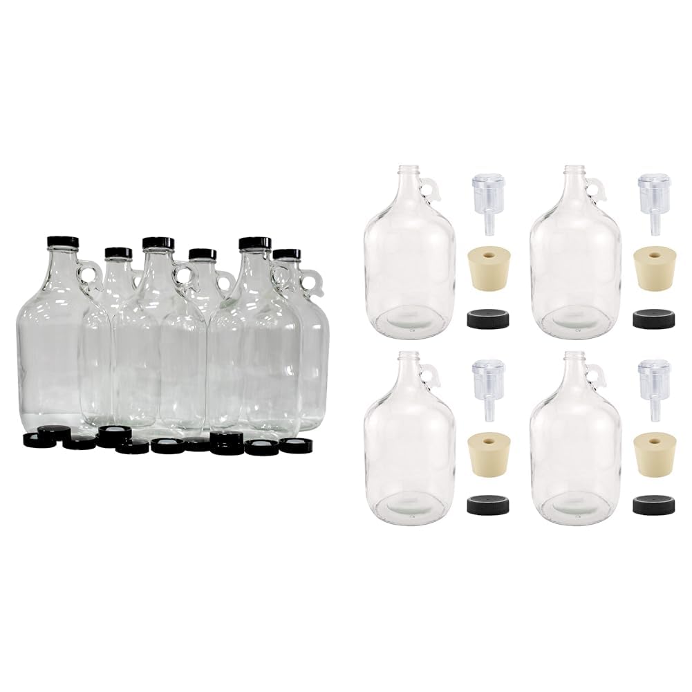 North Mountain Supply 64 oz Half Gallon Clear Glass Growler & 1 Gallon Glass Fermenting Jug with Handle