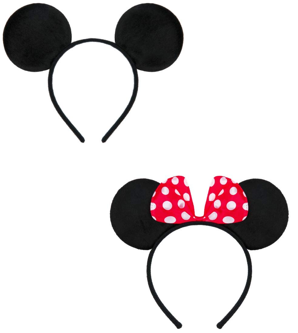 Pack doble con diadema de ratón/orejas de ratón con lazo rojo y lunares blancos y orejas de ratón en negro para niños y adultos