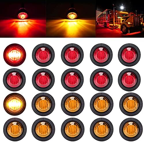 PSEQT 3/4" Round LED Side Marker Clearance Lights Front Rear Marker Indicators Tail Light Waterproof for Trailer Truck Car Bus Van Pickup RV ATV Wrangler (10pcs Red & 10pcs Amber)