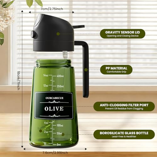 Image of Olive Oil Sprayer & Dispenser for Cooking, 16oz Dark Glass Oil Mister, 2PC | 2-in-1 Oil Sprayer & Pourer, Fine mist, Light-Blocking, Wide Mouth, Easy Refill & Clean, 8 Oil Labels, Reusable, with Scale