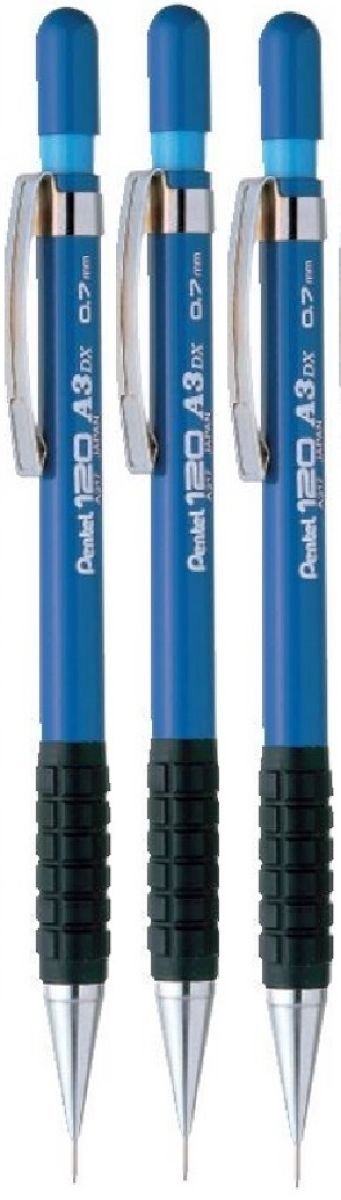 Pentel 0.7mm (A37-C) Blue 120 DX Automatic Mechanical Pencil Refillable Lead Capped Metal Clip Rubber Grip (Pack Of 3)
