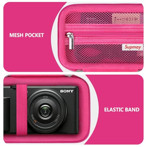 Image of Supmay Hard Travel Case for Sony ZV-1F / ZV-1 / ZV-1 II Digital Camera, Vlogger Camera Storage Holder Travel Bag with Zipper Mesh Pocket for Battery Pack, Charging Cable, USB Card, Rosered