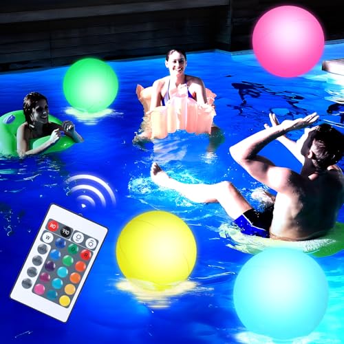 LovesTown 4 Pack Light Up Pool Balls, 12' LED Beach Balls with 16 Colors Lights, Glow in The Dark Pool Beach Decorations for Outdoor Summer Party Favors