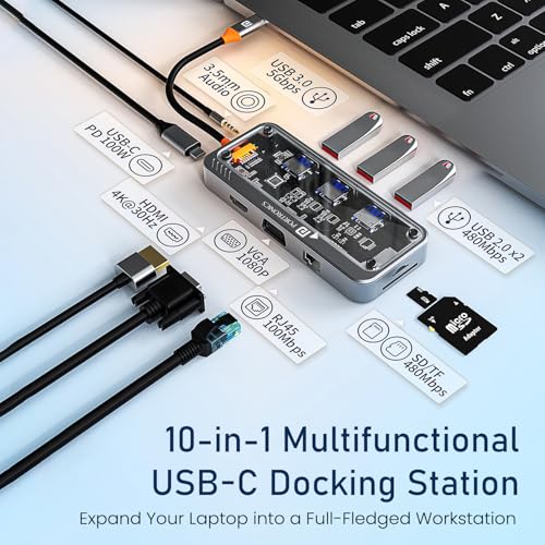 Image of Portronics MPort View Three 10-in-1 USB-C Docking Station, 100 W PD Charging, 4K HDMI, VGA, RJ45 Ethernet, SD /TF Card Slots, USB 3.0 /2.0 Ports, 3.5 mm Audio, for All Type C Devices, Windows /MacBook