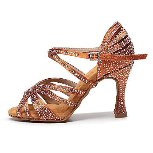 HROYL Zapatos de Baile Latino Mujer Brillantes Salsa y Bachata Zapatos Baile de Salón,YCL356-7.5,Marrón,38EU