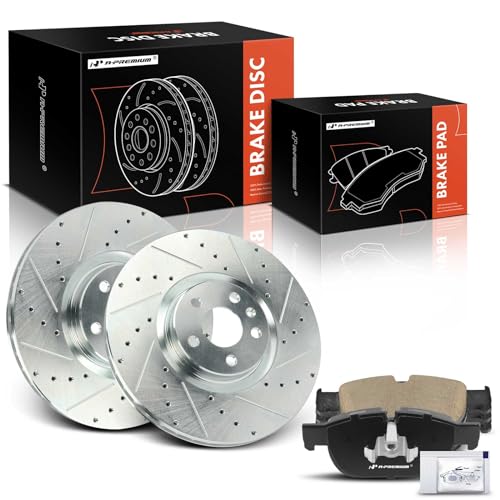 A-Premium 13.58 inch (345 mm) Front Drilled and Slotted Disc Brake Rotors + Ceramic Pads Kit Compatible with Select Volvo Models - XC60, XC90, XC40, S90, V60, V90, V90 Cross Country, 6-PC Set
