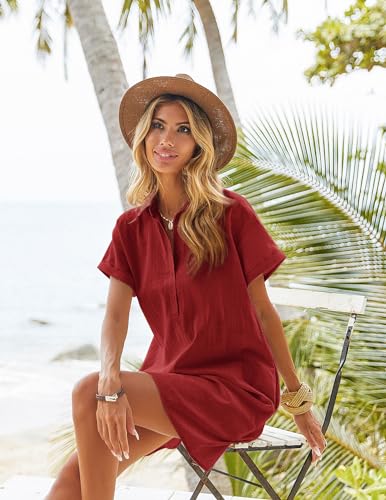 Image of Zeagoo Womens Cotton Shirt Dress Summer Casual Short Sleeve Button Down Beach Cover Up Shirts with Pockets