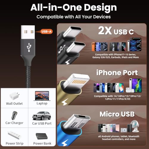 Image of 4 in 1 Multi Charging Cable, 2Pack 5FT Charging Cords for Multiple Devices | USB Cable with Dual Type-C /IP /Micro, Multi Phone Charger Cord for iPhone17-8 /Androids /iPad, Travel Essentials Car Accessories