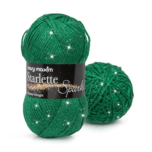 Image of Mary Maxim Starlette Sparkle Yarn, Medium Worsted Weight Green Yarn for Knitting and Crocheting, Acrylic Polyester Blend for Blankets, Clothing, and Decor, 196 Yards - Emerald Green