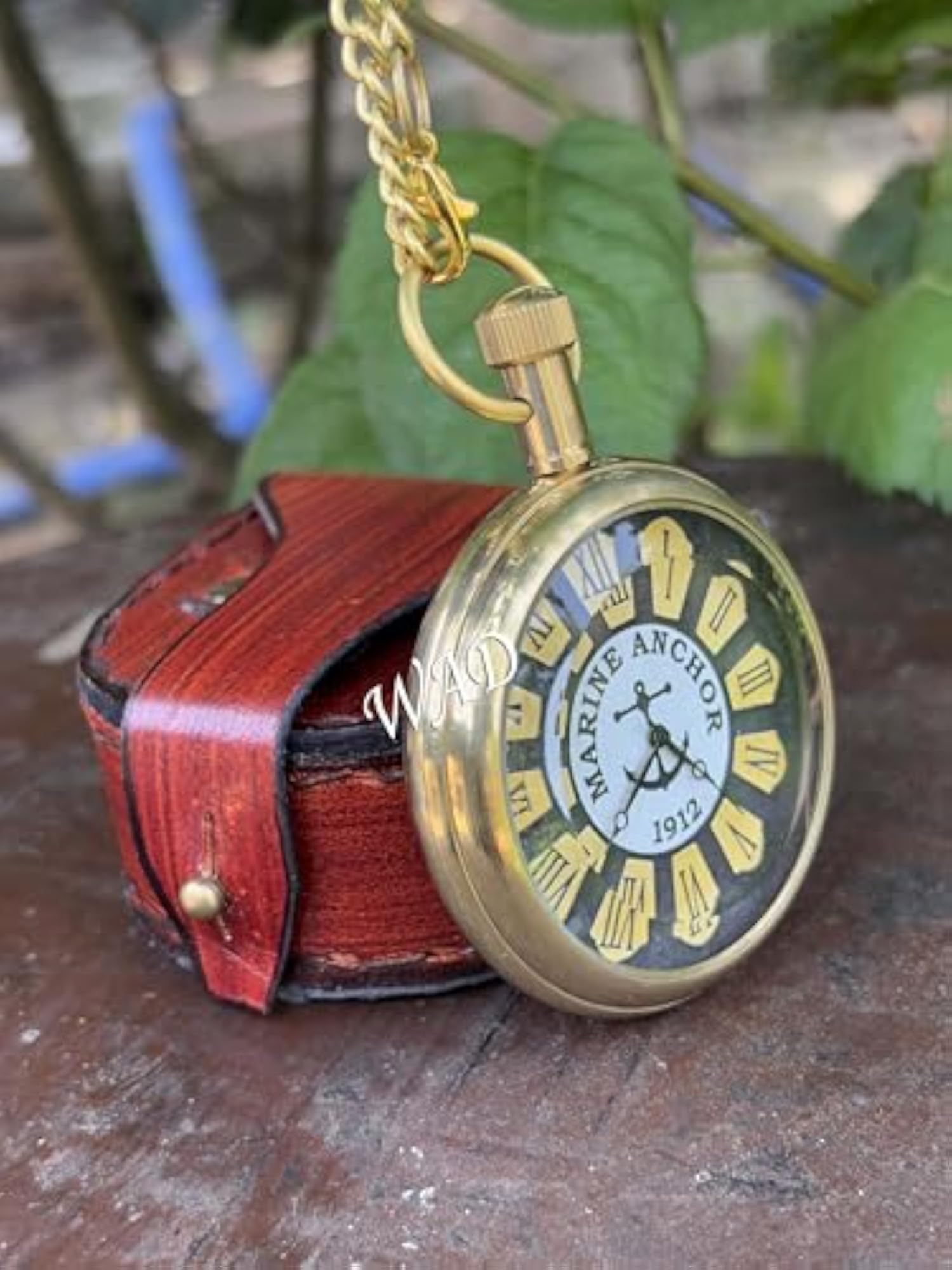 Classic Maritime Brass Pocket Watch with Roman Dial & Vintage Leather Case