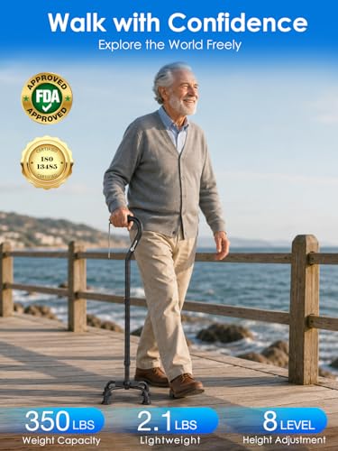 Image of WHLICKS Quad Cane for Stability, Adjustable Walking Cane for Women & Men with A Large 4 Pronged Base for Balance, Self Standing Cane, 350lbs Heavy Duty Cane with 4 Legs, Walking Sticks for Seniors