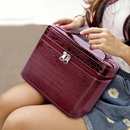 Train Case,COOFIT Portable Travel Makeup Case Crocodile Pattern Leather Beauty Box for Women Large Red - Thumbnail 7