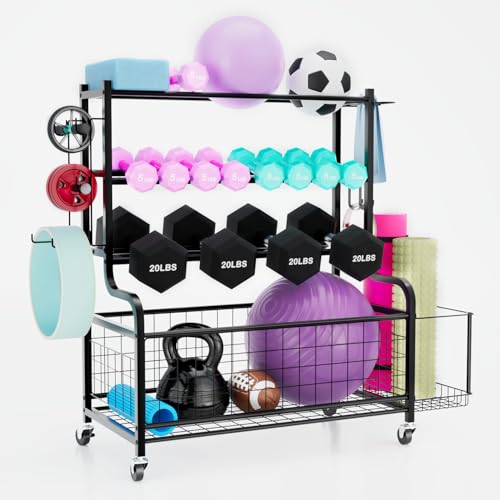 Dumbbell Rack - Weight Rack For Home Gym Storage Yoga Mat Weight Rack With Wheels And Hooks,Workout Equipment Storage Organizer For Yoga Equipments,For Dumbbell,Kettlebell,Yoga Block,Foam Roller