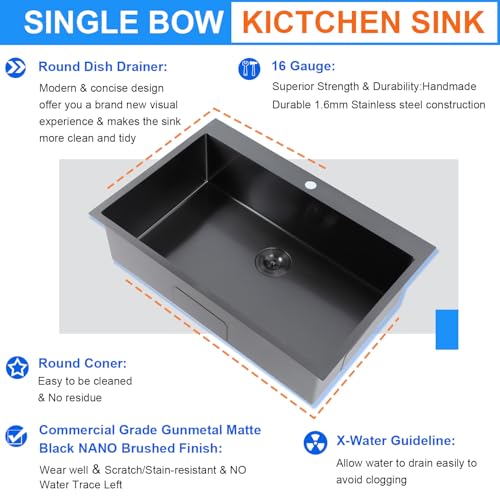 Image of 33x22 Drop In Kitchen Sink, Gunmetal Black 16 Gauge Stainless Steel Topmount Single Bowl, Modern Handmade 9 Inch Deep Kitchen Laundry Utility Sink