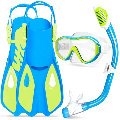 Kids Mask Fins Snorkel Set for Age 5-15,Dry Top Snorkeling Gear for Kids Boys Girls Junior & Youth, Tempered Glass Snorkel Mask with Fins for Swimming Snorkeling (Blue, S/M(1-4))