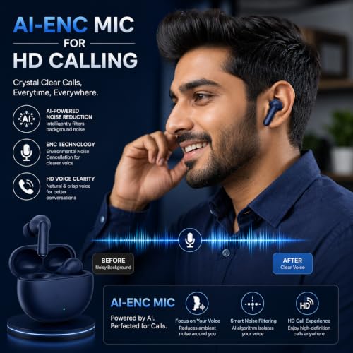 Image of NORD Buds 3 Truly Wireless in Ear Earbuds with 50H Playtime, AI-ENC Mic, 45ms Low Latency Gaming, 13mm Bass Drivers, Type-C Fast Charging, Made in India, Touch Controls, IPX5 Ear Buds TWS. Navy