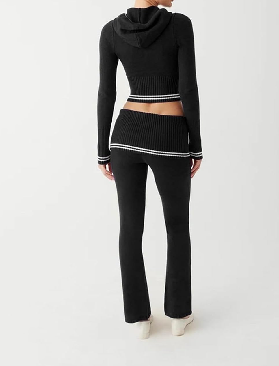 Pantaloni da donna con cappuccio elasticizzati a maniche lunghe con zip e pantaloni da salotto - Moda casual Y2k Slim Crop Top a vita alta Pantaloni skinny Abiti maglione, Nero , M