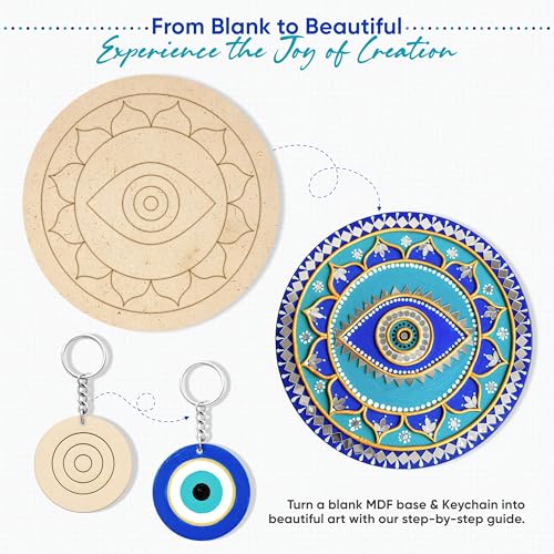 Image of YAVIX Evil Eye Lippan Kit | Complete DIY Craft Set with 2 Premarked Round MDF Boards & 2 Premarked Keychains, Acrylic Colors, Mirrors, Moulding Clay & Varnish | Ideal for Gifting, Artists & Beginners (Evil Eye)