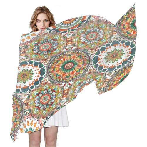 Mexpekil Bufanda larga de seda para mujer, chales y envolturas de mandala geométrico, bufandas suaves para cabeza, pelo, cuello, bandanas ligeras, regalos para boda, verano, playa